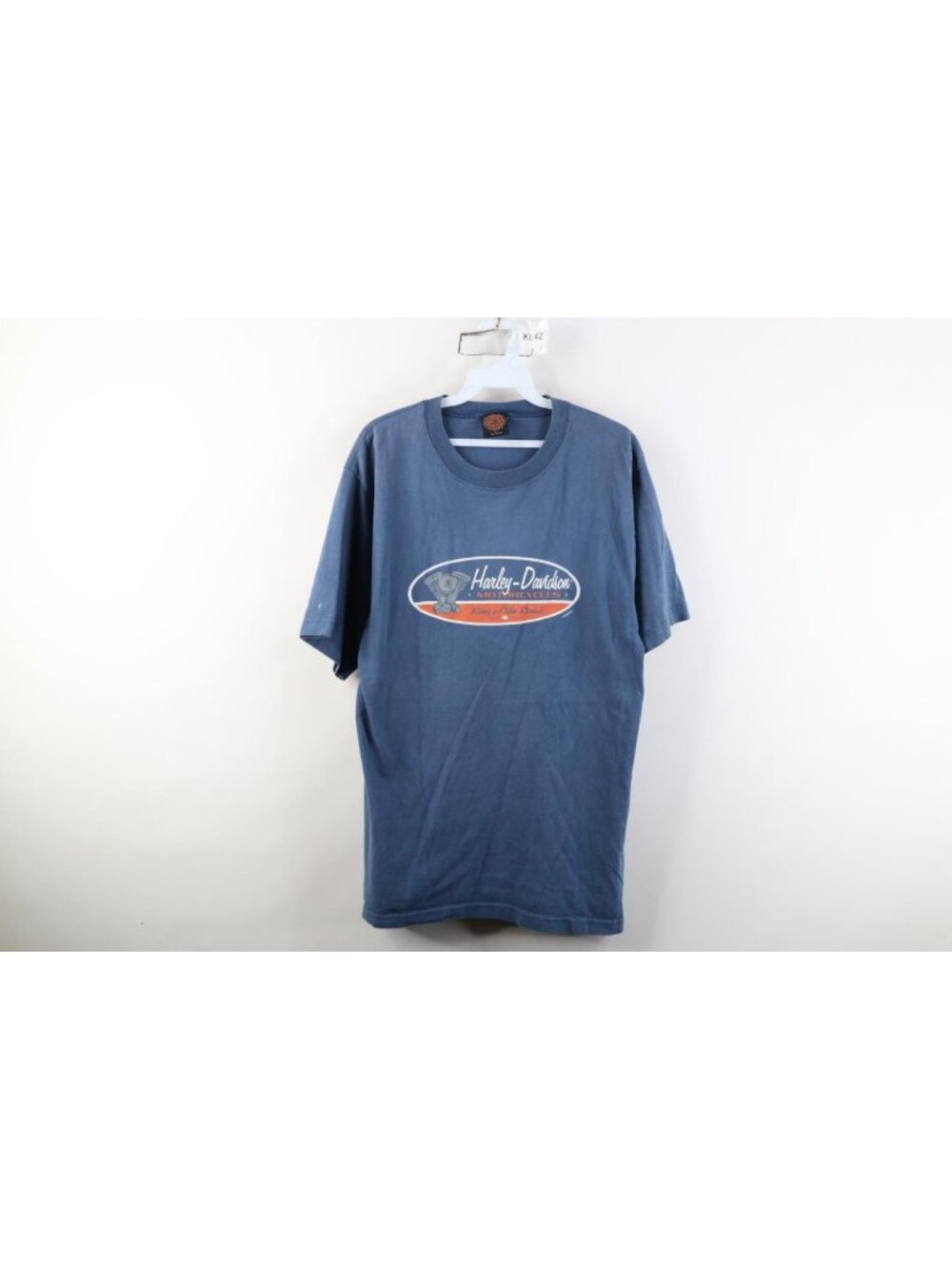 Vintage 90s Harley Davidson Mens Large Faded Spell Out Engine T-Shirt Blue USA